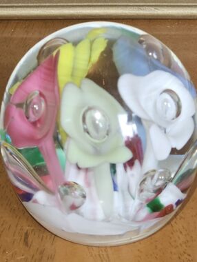 St. Clair Glass Paperweight w Multi-Colored Pastel Trumpet Flowers Set